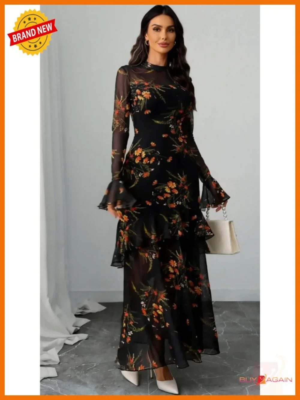 Women Floral Maxi Dress Bell Sleeve Mermaid Hem Wedding Guest Party